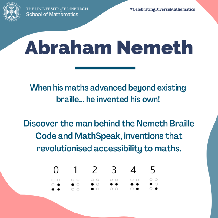 Graphic depicting image of number braille and summary of Abraham Nemeth bio