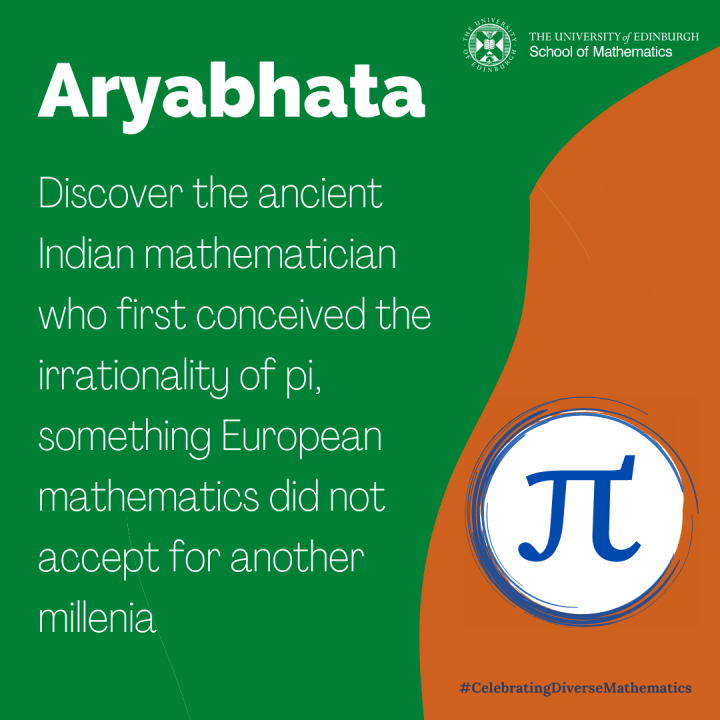 Graphic depicting image of pi symbol and summary of Aryabhata bio