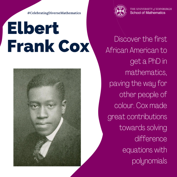 Graphic depicting image of Elbert Frank Cox and summary of bio