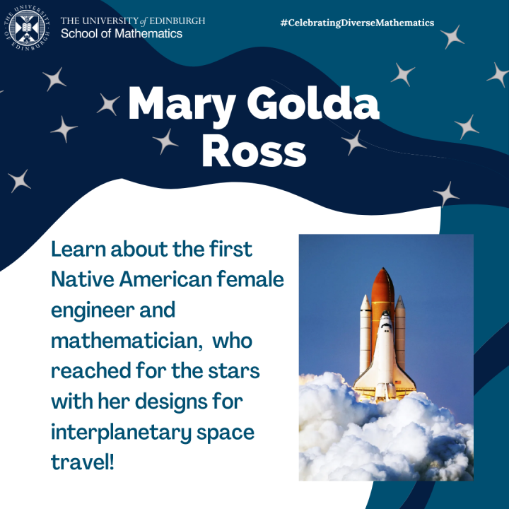 Graphic depicting image of a rocket and summary of Mary Golda Ross bio