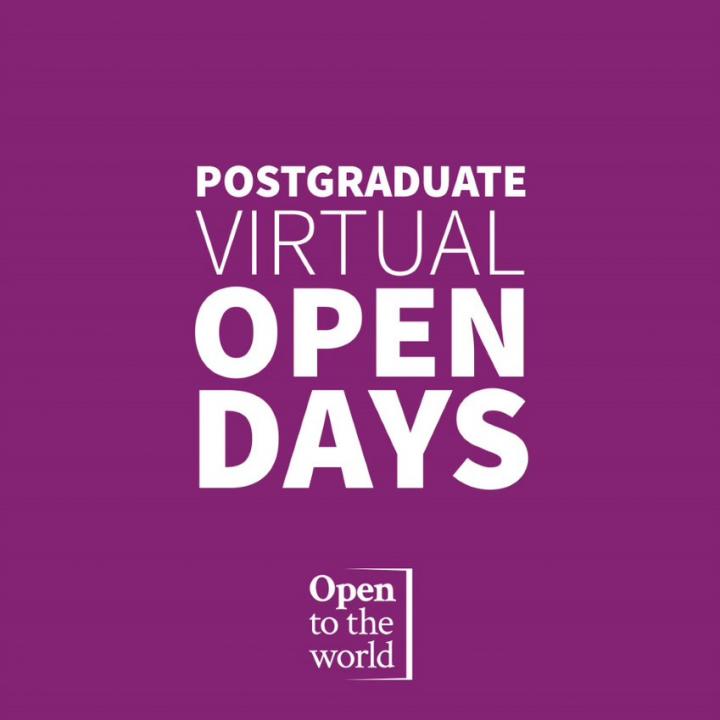 Text reads: Postgraduate Virtual Open Days. Open to the world.