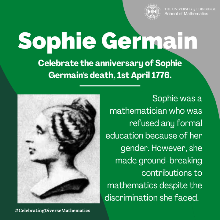 Graphic depicting image of Sophie Germain and summary of bio