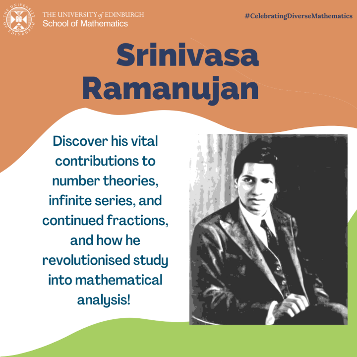 Graphic depicting image of Srinivasa Ramanujuan and summary of bio