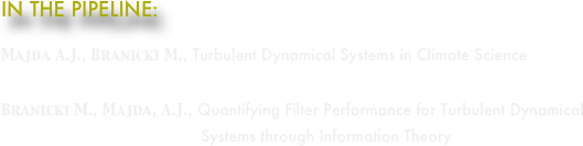 IN THE PIPELINE:
Majda A.J., Branicki M., Turbulent Dynamical Systems in Climate Science
Branicki M., Majda, A.J., Quantifying Filter Performance for Turbulent Dynamical                                             Systems through Information Theory